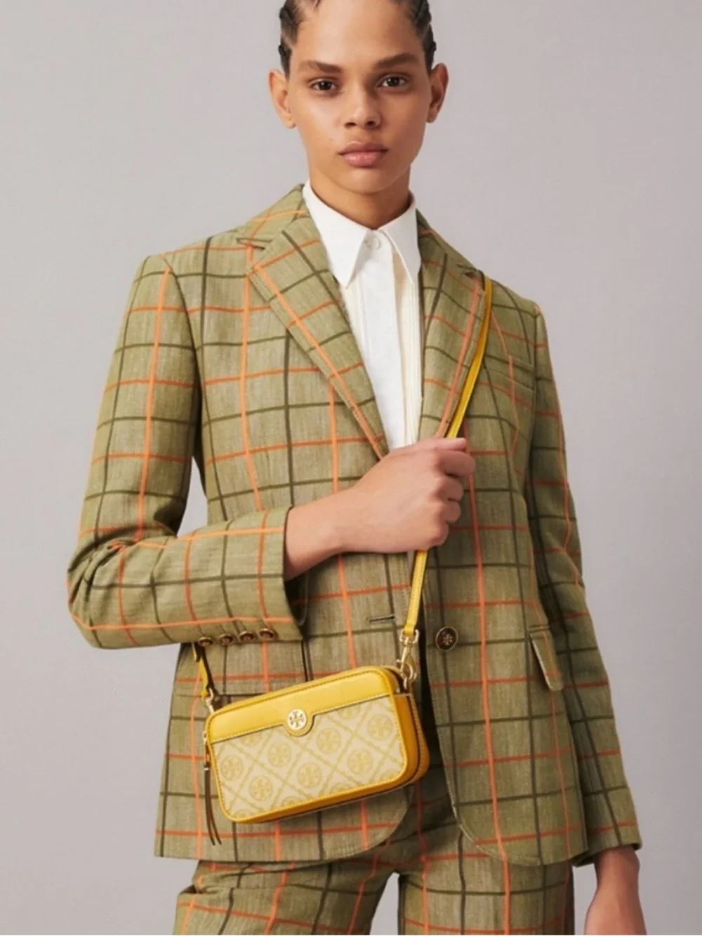 Tory Burch T Monogram Mini Yellow Tan Jacquard Crossbody
